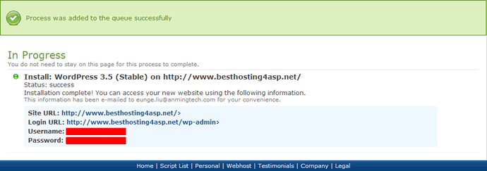How to Start a WordPress site - BlueHost WordPress Hosting Control Panel - Installation Completed Screenshot