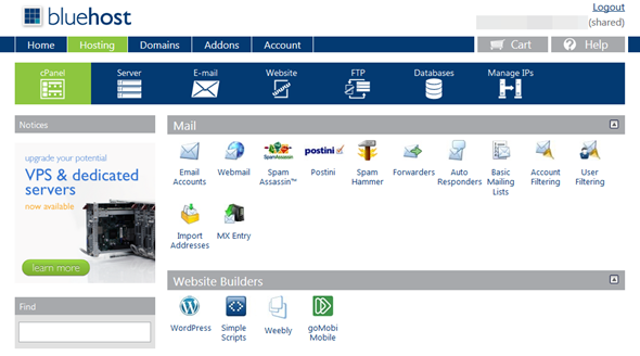 BlueHost cPanel interface