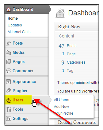 Change WordPress Password via WordPress Dashboard - Step 1