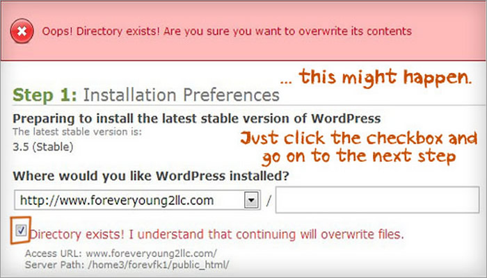 How to Start a WordPress site - BlueHost WordPress Hosting Control Panel - Installation Confirmation Screenshot