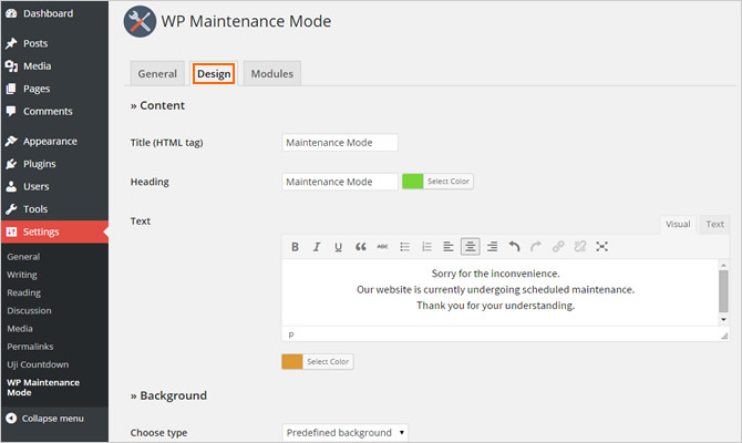 WP Maintenance Mode Design Settings