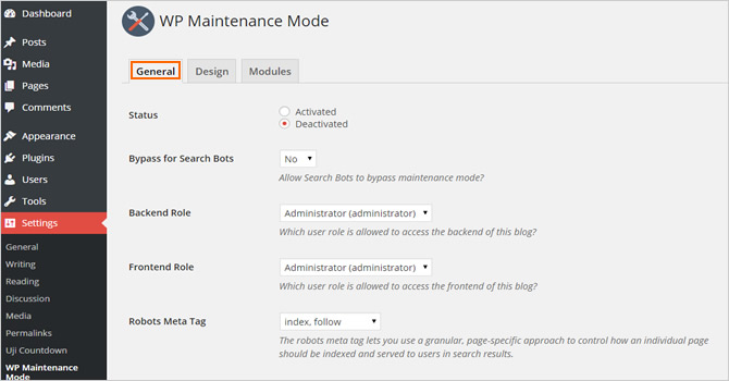 WP Maintenance Mode General Settings