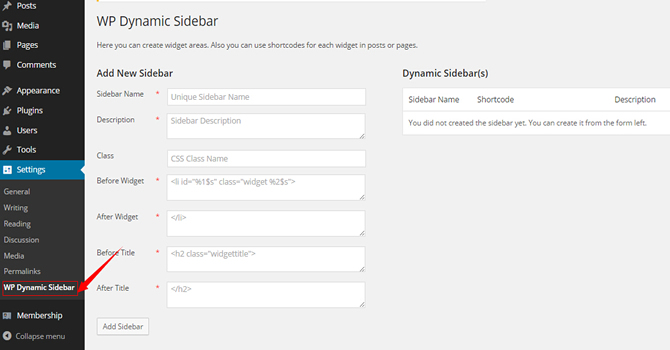wp dynamic sidebar setting page