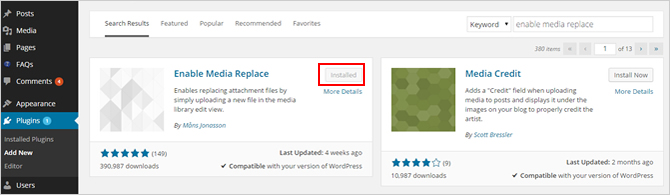 Install Enable Media Replace Plugin