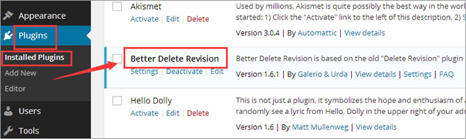 Post Revisions - Installed Plugins Page